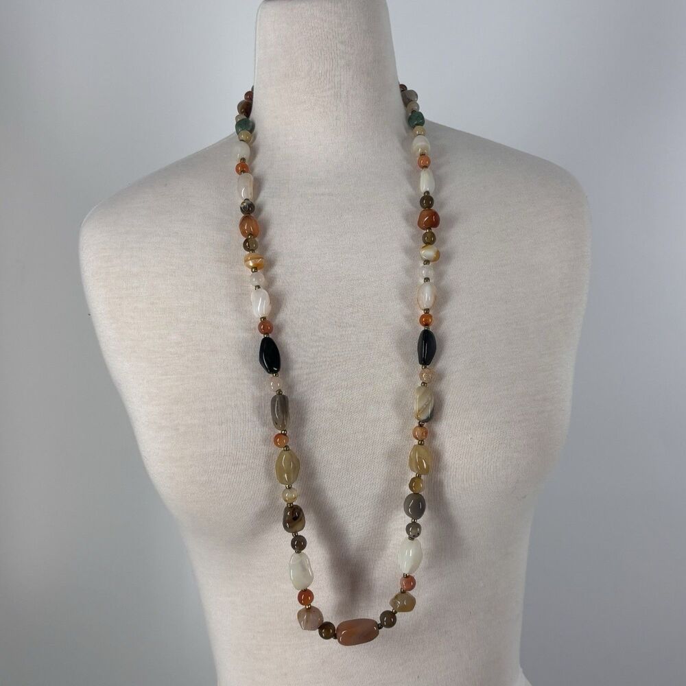 Vintage Multicolor Necklace Natural Polished Agate Gemstone Barrel Clasp 26"